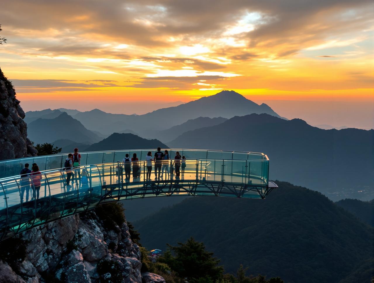 吃瓜爆料 - 景区玻璃栈道观景平台日落时分山景背景